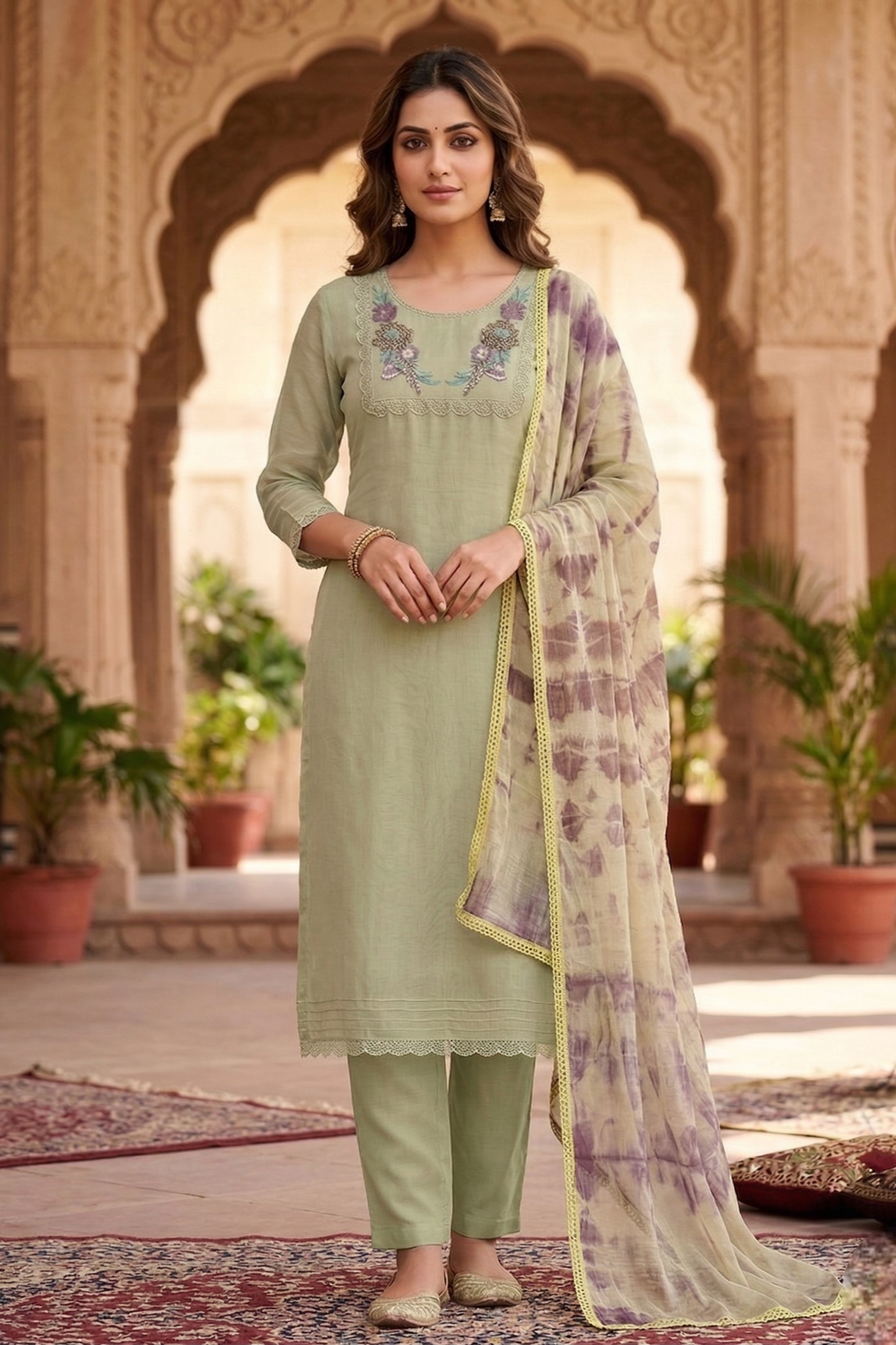 Pista Green Burberry Ethiniq Suit with Printed Dupatta