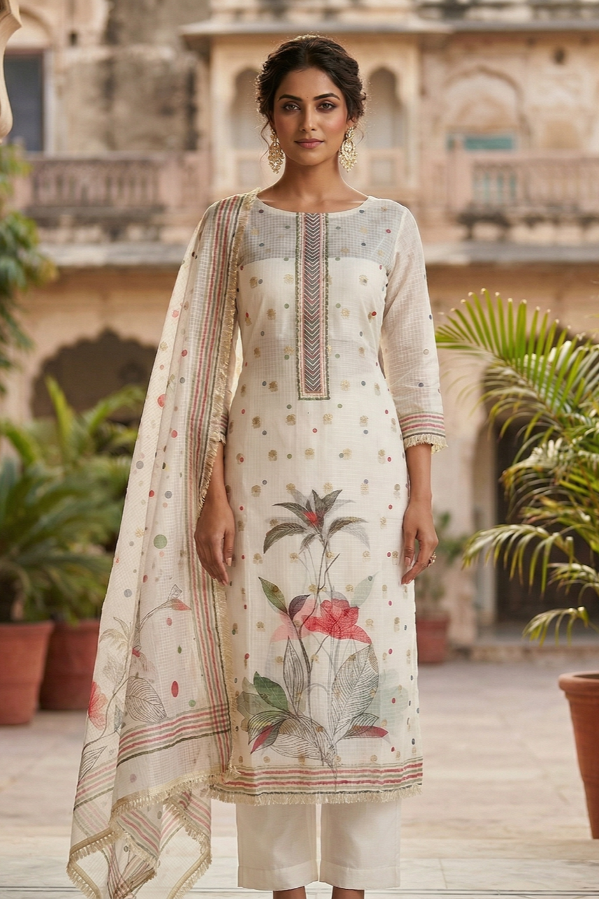 Cream kota doria with neck embroidery and doria dupatta