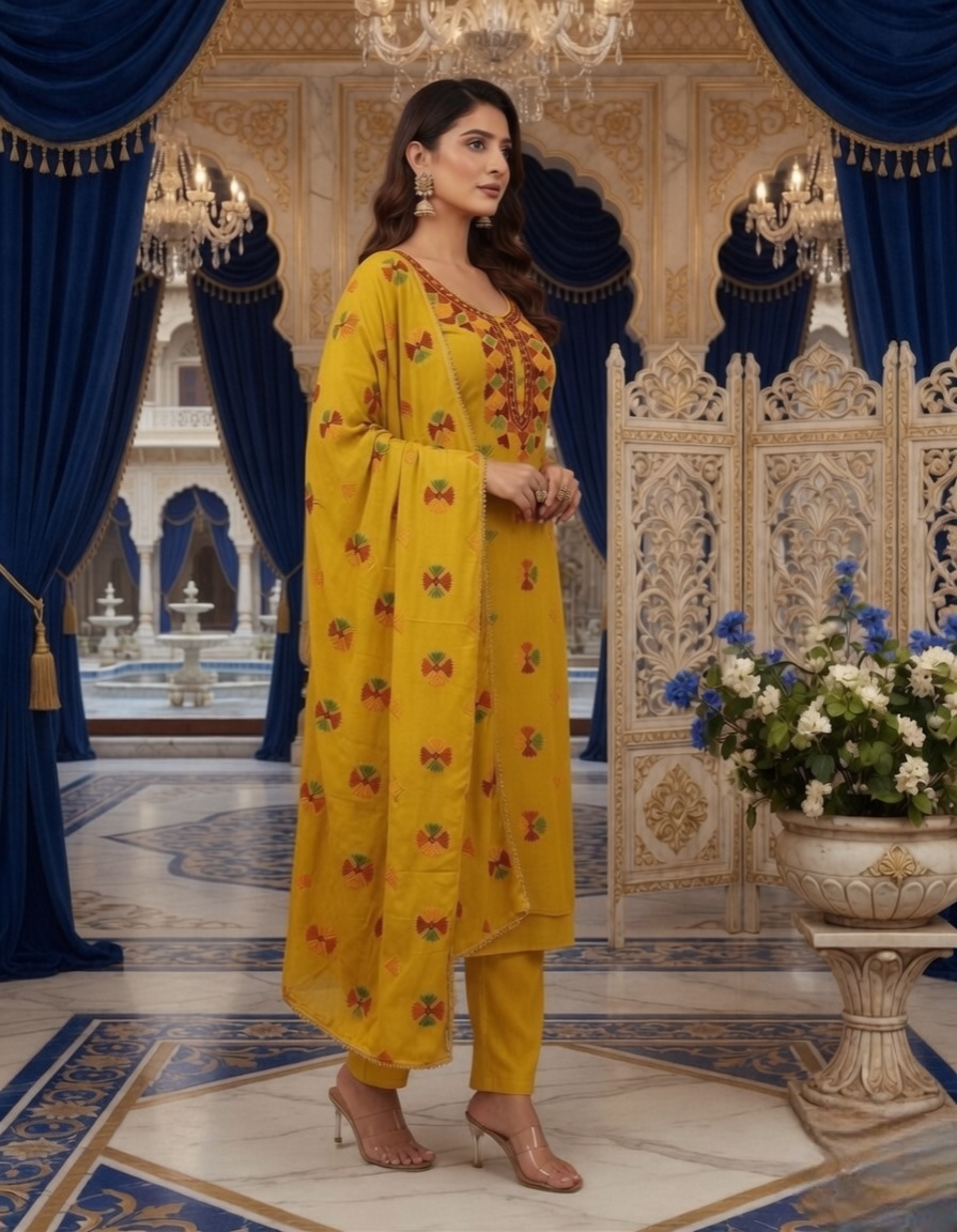 Mustard Crepe embroidered Suit with Phulkari dupatta - Image 2