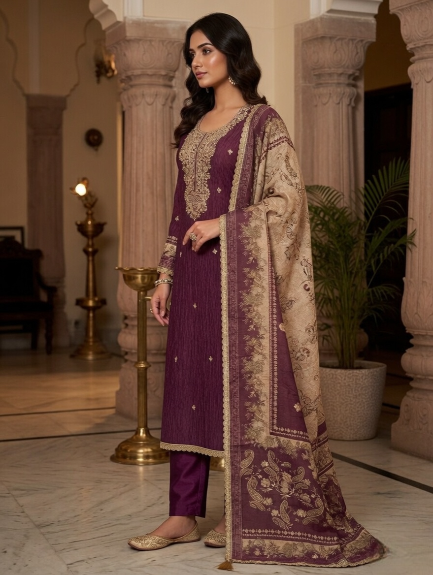 Wine Crushed tissue suit with Embroidery and Printed Dupatta - Image 2