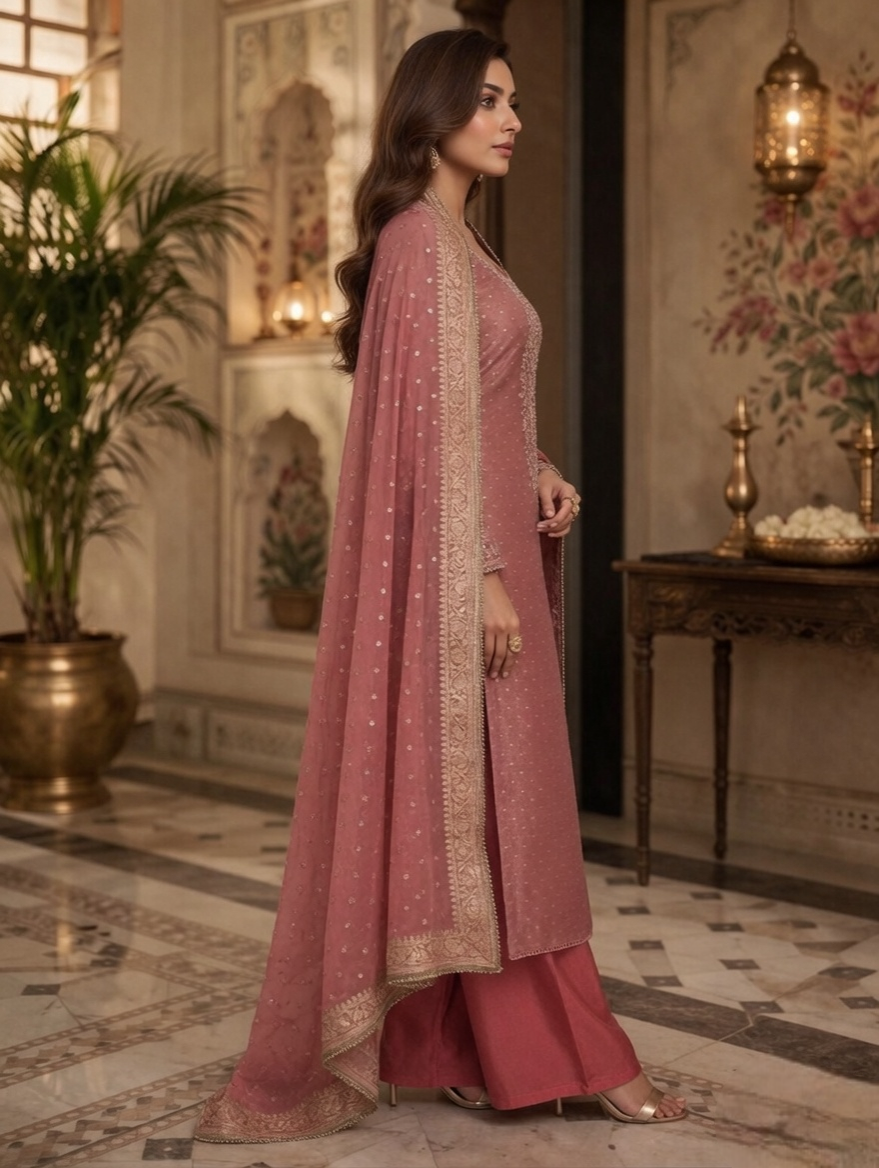 Peach Tissue with heavy embroidery and Banarsi Dupatta - Image 2