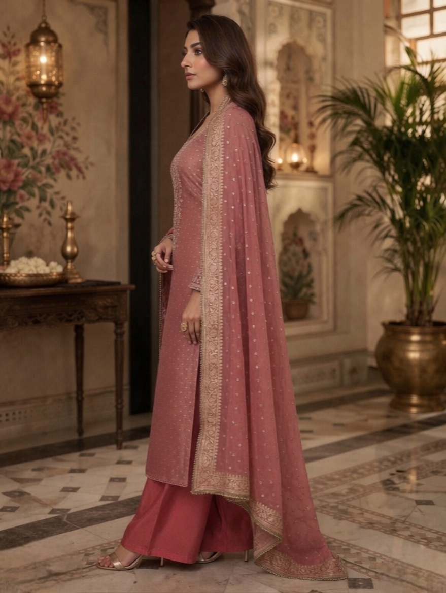 Peach Tissue with heavy embroidery and Banarsi Dupatta - Image 3