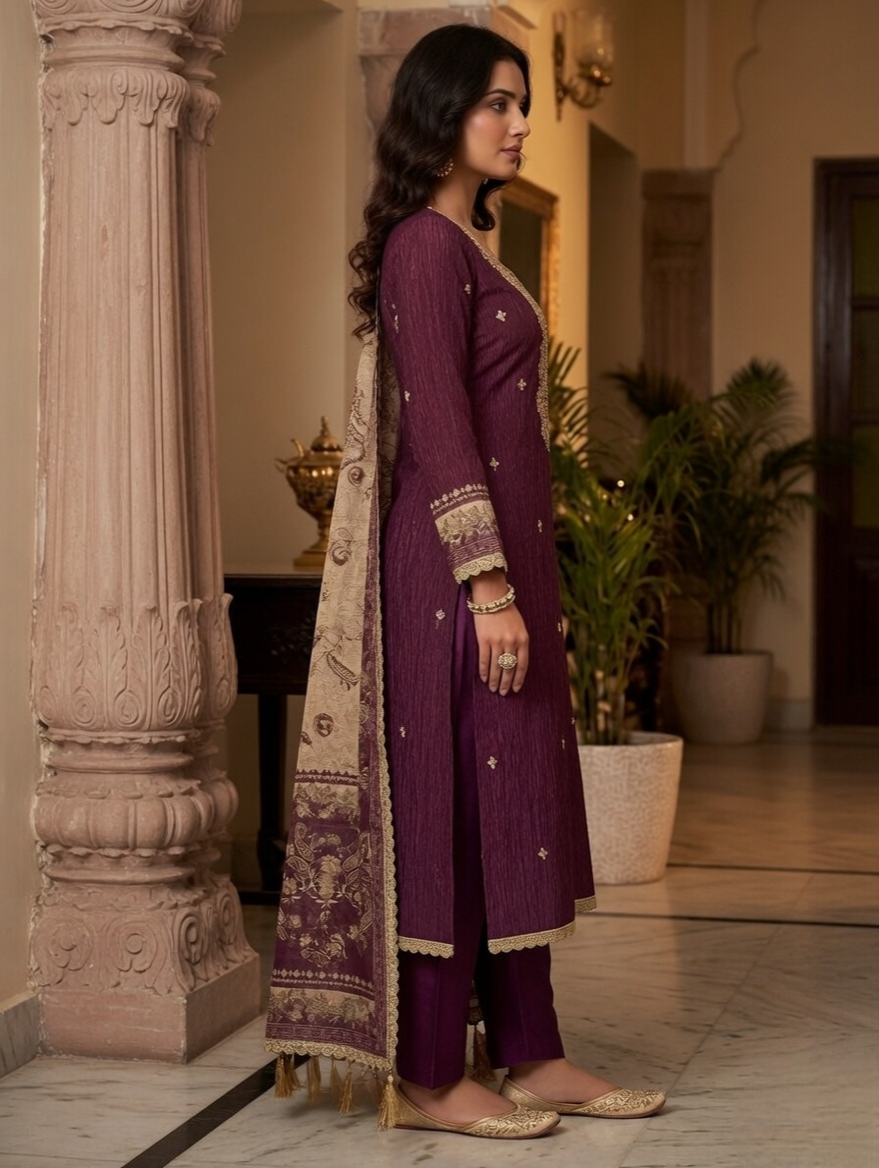 Wine Crushed tissue suit with Embroidery and Printed Dupatta - Image 3